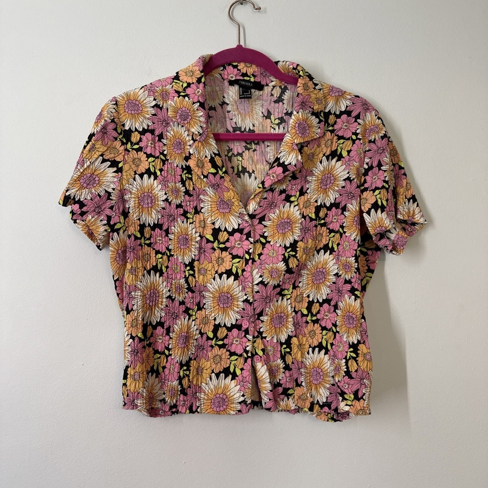 Forever 21 Floral Button Down Shirt Womens S Pleated Boho Hippie‎ Y2K Retro
